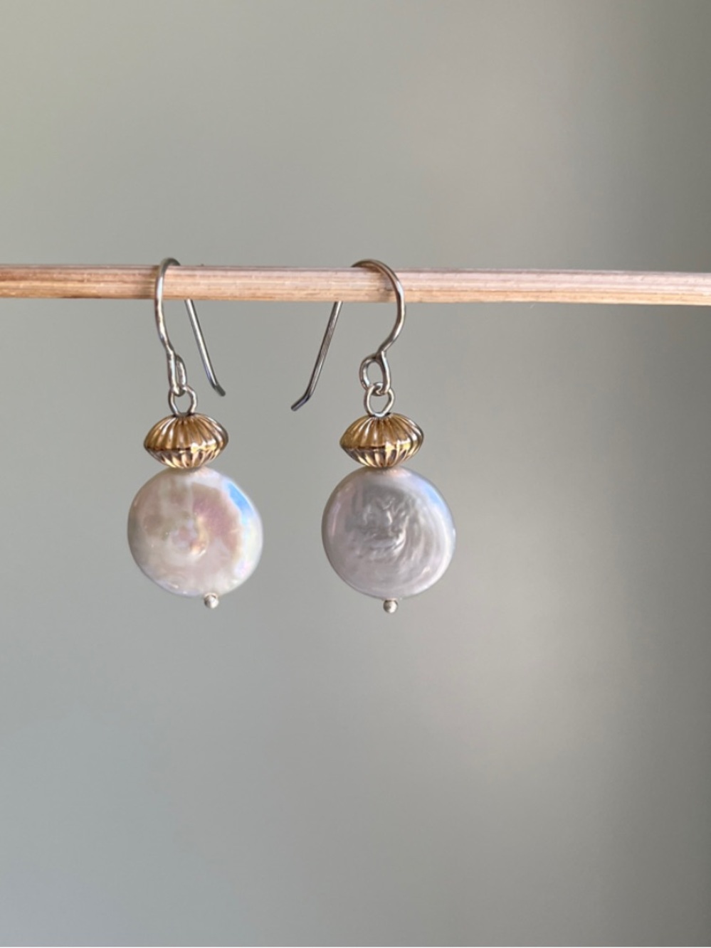Freshwater Coin Pearl and Gold Bead Drop Earrings - White